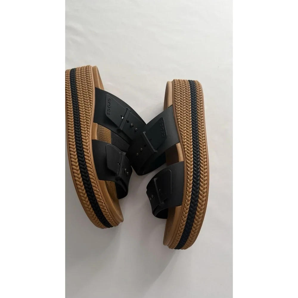 Crocs Women's Brooklyn Buckle Low Wedge Heels In A Size 10 EUC BLACK sandals